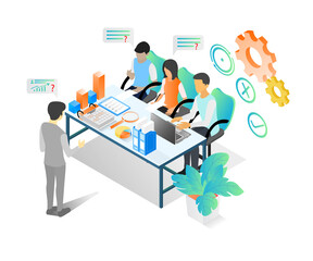 Isometric style illustration about a business team having a business growth meeting and discussion