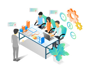 Naklejka premium Isometric style illustration about a business team having a business growth meeting and discussion