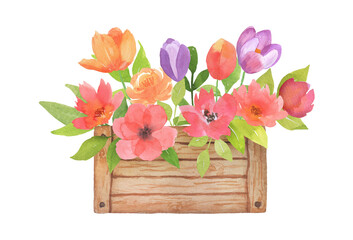 Watercolor wooden box with pink Flowers Bouquet. Spring hand drawn bouquet with wildflowers isolated on white background.