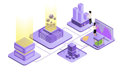 Isometric style illustration about a team of business workers completing their respective jobs