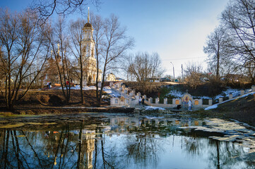 Russia, Moscow region, the manor of Lopasnya-Zachatievskoe, view of the manor pond and the church.