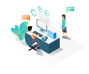 Isometric style illustration of a man and woman working in an office