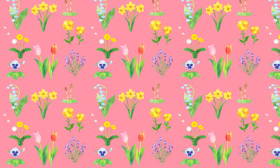 手描き水彩　春の花　シームレスパターン　03