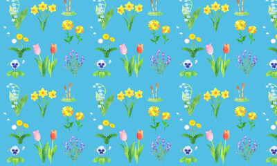 手描き水彩　春の花　シームレスパターン　02