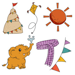 Thailand Songkran festival stuff in summer time; sand castle, sun, kite, elephant, scarft and flags isolated flat vector illustration