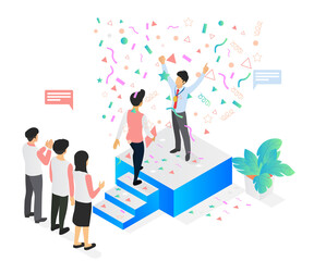 Isometric style illustration about successful business with someone on the podium