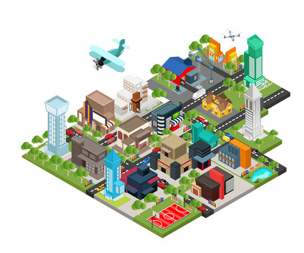 Isometric style illustration of city map with city park and warehouse or offices