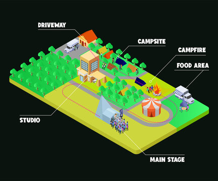 Isometric style illustration of campsite and lodging map