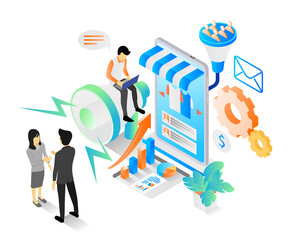 Naklejka premium Isometric style illustration of digital marketing analysis team