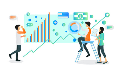 Isometric style illustration of SEO content data analysis team