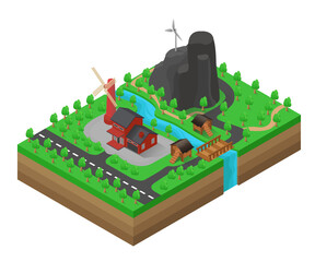 Isometric style illustration of rural map with house building and windmill