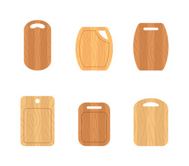 Set of wooden cutting boards. Kitchen tools of various shapes. Top view. Vector illustration in flat cartoon style.
