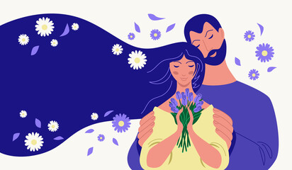 Man hugging a woman with a bouquet of flowers