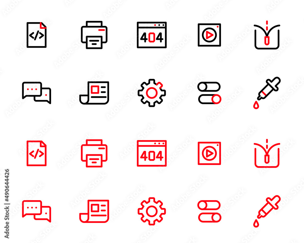 Poster simple line art in two colors ui icons set. html, print, video file, unzip, chat and others. pixel p