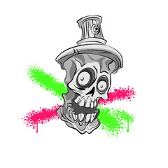 Spray crumpled skull, cartoon image for print, paint jet 
