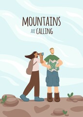 Travelers are looking for the right way on the map vector illustration. Travelers in the wild concept for posters and postcards. Mountains is calling text.