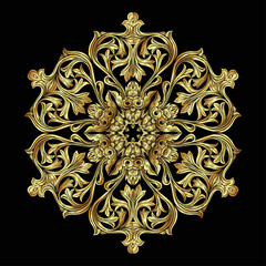 Interlacing circular abstract ornament in the medieval, romanesque style. Mandala. Element for design. hand drawing vector illustration in gold and black.