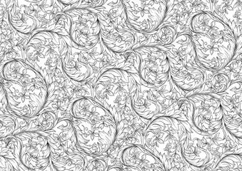 Decorative flowers and leaves in art nouveau style, vintage, old, retro style. Seamless pattern, background. Outline vector illustration.