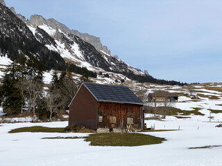 Indigenous alpine huts and wooden cattle stables on Swiss pastures covered with fresh white snow cover, Wildhaus - Obertoggenburg, Switzerland (Schweiz)