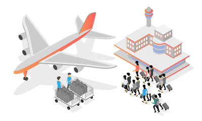 Airport isometric style illustration with airplane and passengers
