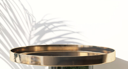 Beautiful empty brass side table tray with white leave shadow and beautiful sun light. 3D render...