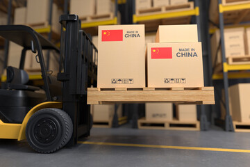 Forklifts are lifting products made in China in the warehouse.