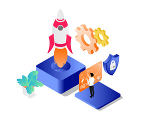 Isometric style illustration of rocket launch with smartphone