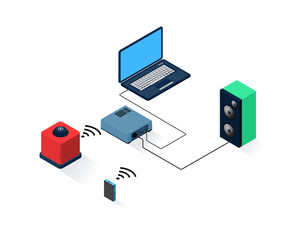 Isometric style illustration of wired and wifi active speaker