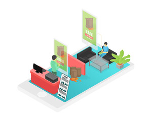 Isometric style illustration selling chocolate fruit via smartphone