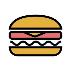 Delicious juicy burger with meat cutlet, cheese and salad. Simple colored food icon in trendy line style isolated on white background for web apps and mobile concept