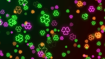 Abstract Festive Green Colorful Glowing shine Three Leaf Clover Lines Neon Lights Flying Particles Background