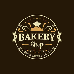 Vintage badge bakery shop logo design vector. Label for bakery shop with bread and chef hat symbol.