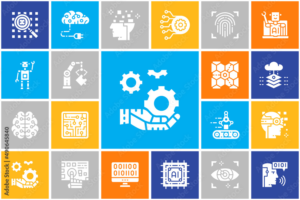 Poster artificial intelligence icons set. robotics, chatbot, database, big data vector illustration for adv