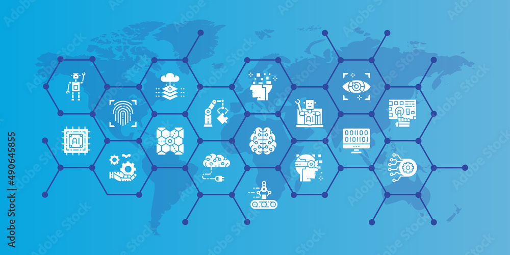 Poster artificial intelligence editable icons design illustration. robotics, chatbot, database, big data ic