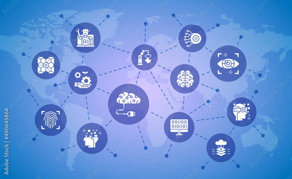 Aufkleber artificial intelligence business banner concept. robotics, chatbot, database, big data illustration 