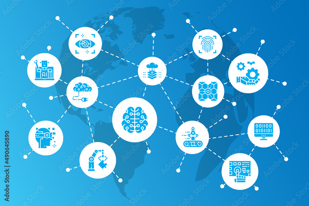 Poster artificial intelligence icon business banner. robotics, chatbot, database, big data. vector illustra