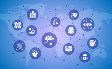 Artificial Intelligence business banner concept. Robotics, Chatbot, Database, Big Data illustration for web site landing.