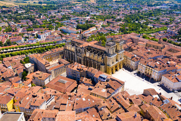 Aerial view of Auch cityscape overlooking medieval Gothic building of Sainte-Marie Cathedral on...