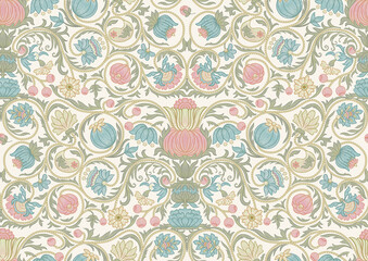 Fantasy flowers in retro, vintage, embroidery style. Seamless pattern, background. Colored vector illustration.