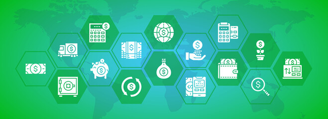 Money and Banking icons banner. Credit Card, Currency Exchange, Atm, Terminal infographic vector illustration.