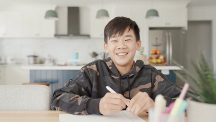POV of Asian preteen teen boy making video calling with laptop at home, using zoom online virtual class , homeschooling, remote learning, new normal concept © SewcreamStudio