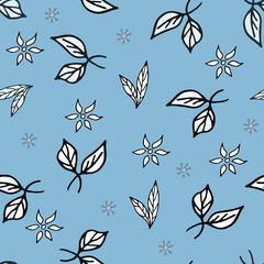Simple doodle seamless pattern Hand drawn leaves twigs on a light background.