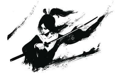 A beautiful Japanese samurai woman with a long katana in her hands moves smoothly forward like a goddess, she is wearing a kimono, long black hairs. 2d blob illustration with splashes and ink smears