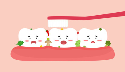 Cleaning dirty teeth using toothbrush cartoon character in flat design. Dental health care concept.