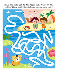 Maze game, activity for kids. Vector illustration. Help the children to get to the tiger cub. Draw all the paths. Where will each path lead.