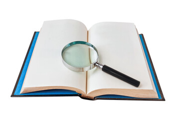 Magnifying glass focus on the book. Learning and tutoring. Study and research.