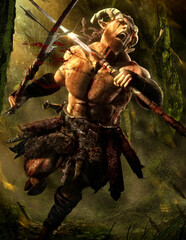 An enraged satyr, wounded by an arrow and smeared with blood of enemies, furiously rushes to the attack with his spear blades, he is a wild half-naked forest warrior with horns and beard. 3d rendering - obrazy, fototapety, plakaty