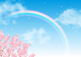 桜と青空にかかる虹のベクター素材