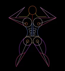  Neonkleuren geïsoleerd op een zwarte achtergrond Gespierde Bodybuilder vectorillustratie. Abstract line art design van menselijk lichaam met open benen en handen omhoog. ©  danjazzia