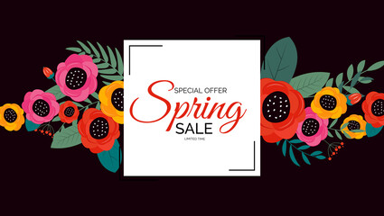 Promotion offer, card for spring sale season with spring plants, leaves and flowers decoration. Illustration
